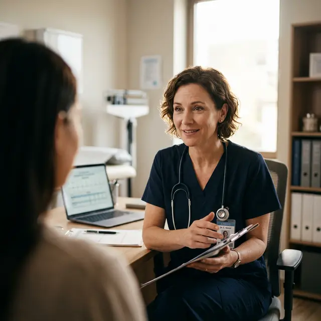 Doctor having a positive and supportive consultation with a patient in a modern clinical setting