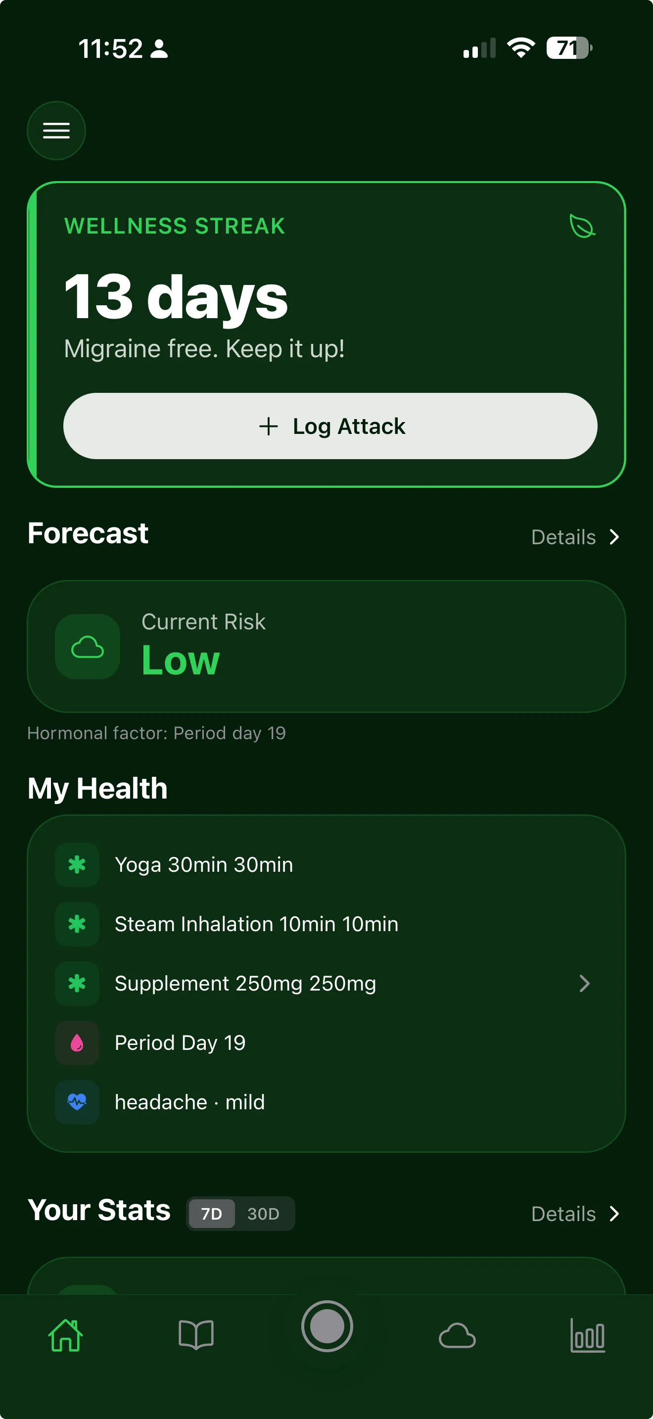 Headache diary app exporting clinical PDF report for doctor