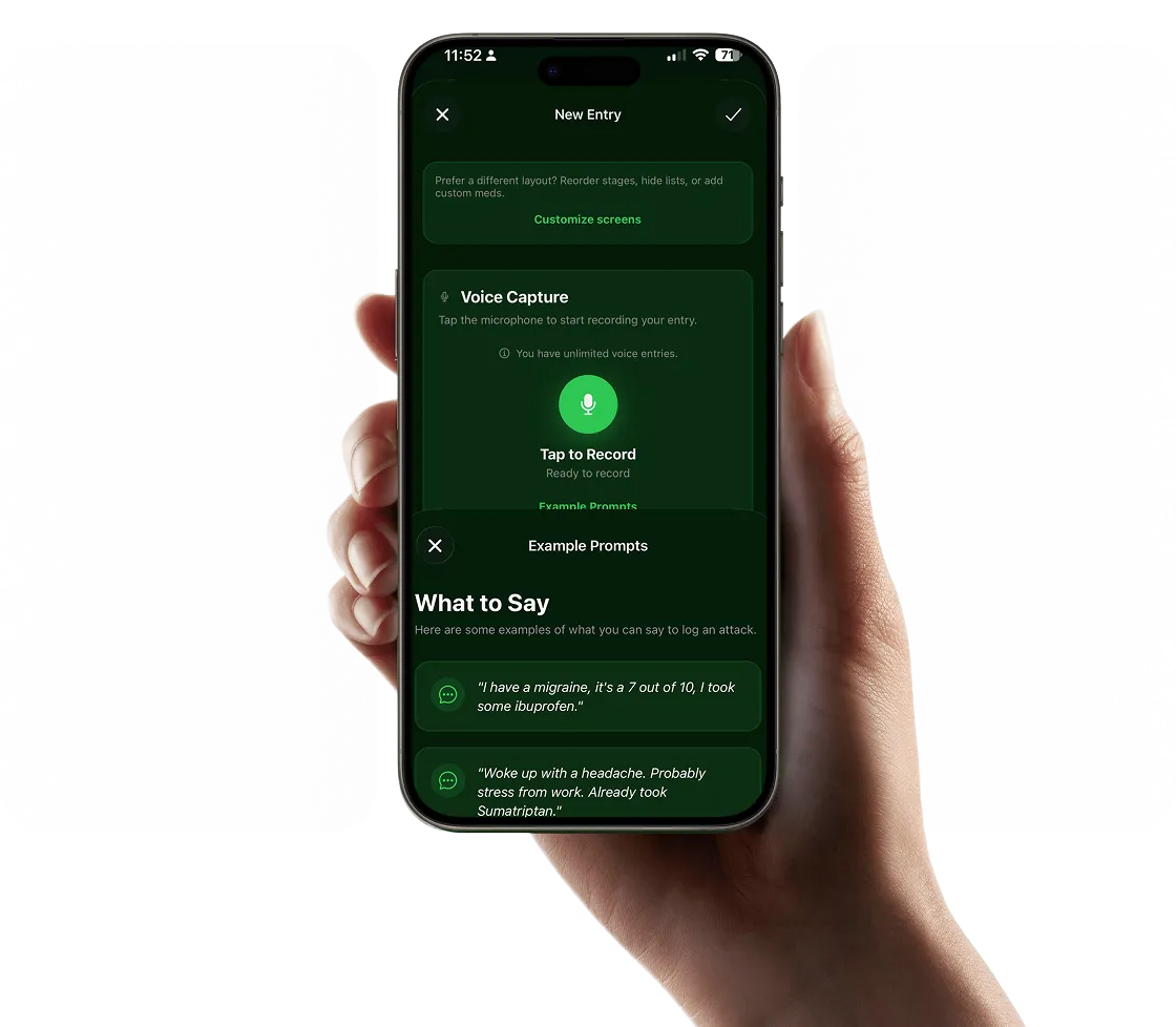 Voice diary for migraines, speak your symptoms hands-free